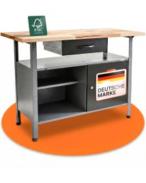 Werkbank Klaus 120cm mit Schublade und Tür schwarz Buche 