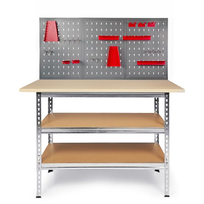 Werkstatt Set 120 cm Werkbank Uwe Metall mit Lochwand rot 
