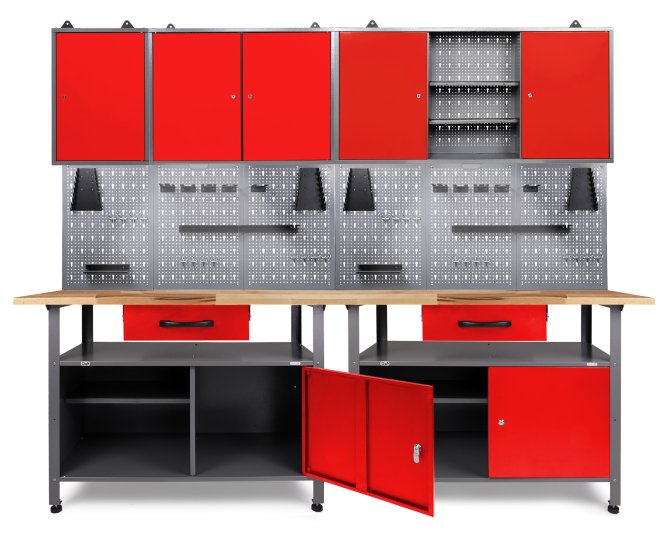 Werkstatt Set Klaus 240 cm 3 Schränke LED rot 85 cm