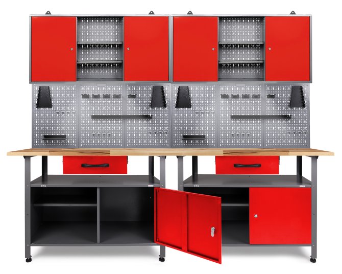 Werkstatt Set Klaus 240 cm 2 Schränke LED rot 85 cm