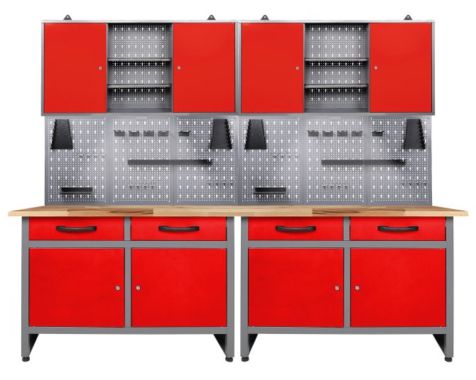 Werkstatt Set Werner 240 cm 2 Schränke LED rot 