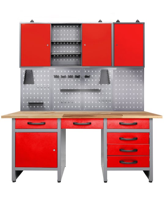 Werkstatt Set Harry 160 cm 2 Schränke offen LED rot 