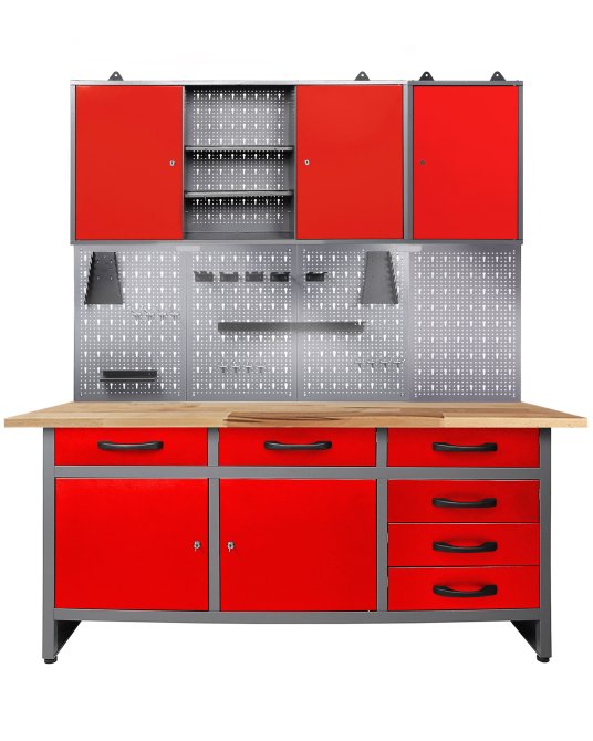 Werkstatt Set Karsten 160 cm 2 Schränke offen LED rot 