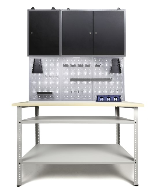 Werkstatt Set Basic Pro 120cm 2 Schränke Steckdose LED 95cm 