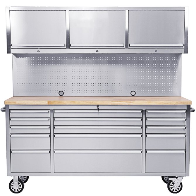 Werkstatt mit Lochwand und Schrank 198 cm Edelstahl, rollbar 