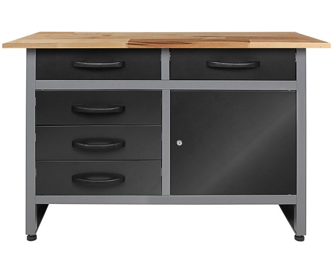 Werkbank Metall Holger 120cm B uchenplatte 5 Schubladen 1 Tür  